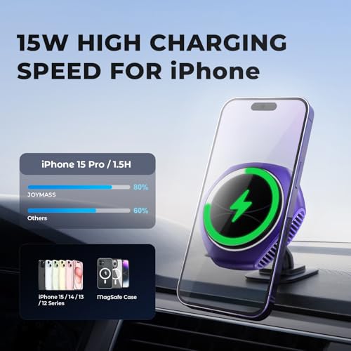 JOYMASS for MagSafe Car Mount Charger, 15W Fast Charging Magnetic Wireless Car Charger Phone Holder Mount Fits iPhone 15 Pro Max Plus 14 13 12 Mini MagSafe Case - Purple - color: PURPLE