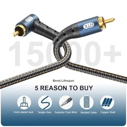 EMK RCA Subwoofer Cable 90 Degree RCA to RCA Audio Cable 24K Gold-Plated Nylon Braided Double Shielded Digital Analogue Supports Amplifiers,Home Theater,Hi-Fi Systems,Subwoofer(50ft/15m) - size: 50ft/15m, style: 90 Design RCA to RCA