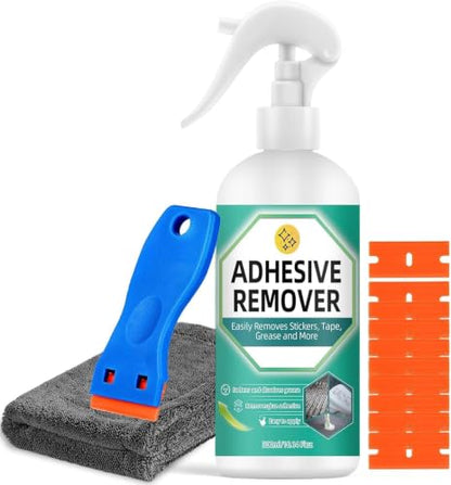 Adhesive Remover Spray, Glue Remover with Plastic Scraper and Towel, Surface Safe Sticky Stuff Remover for Car, Windows, Floor, Sticker Remover Rapidly Removes Labels, Gum, Tape, Wax (10.5Fl oz) - color: blue
