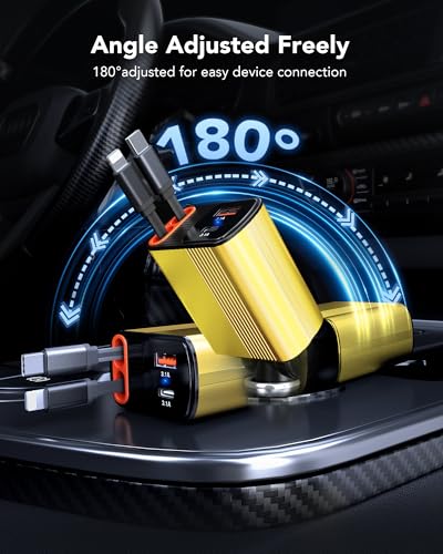 Retractable Car Charger, 4-in-1 Car Lightning Charger with USB-C & USB-A - color: Gold