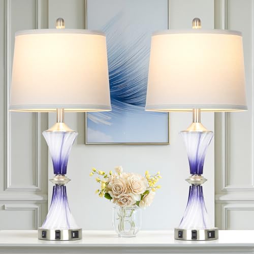 Rinweey Purple Glass Table Lamp Set of 2 with USB C+A Ports & AC Outlet, Bedside Lamp, Modern Bedroom Lamps, Crystal Lamp for Night Stands Bedroom Living Room,Nightstand Lamp LED Bulbs Included - color: Purple