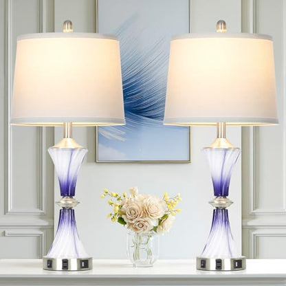 Rinweey Purple Glass Table Lamp Set of 2 with USB C+A Ports & AC Outlet, Bedside Lamp, Modern Bedroom Lamps, Crystal Lamp for Night Stands Bedroom Living Room,Nightstand Lamp LED Bulbs Included - color: Purple