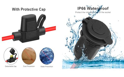 2pcs 1FT 12V/24V Fixed Thread Cigarette Lighter Socket Extension Cable Automotive Marine Waterproof Outlet Socket Replacement 13AWG Heavy Duty Cable with Spare Fuse 20A 30A - color: 1FT 2PCS