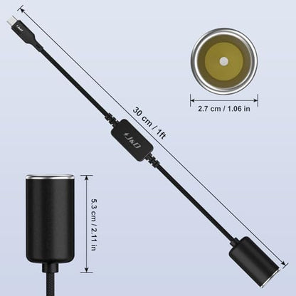 J&D USB C Male to 12V Car Cigarette Lighter Socket Female Converter Cable, 12V 18W Power Cable for Dash Cam, GPS, Car LED Light Strips, Black, 1 ft - color: Black, size: 1 ft