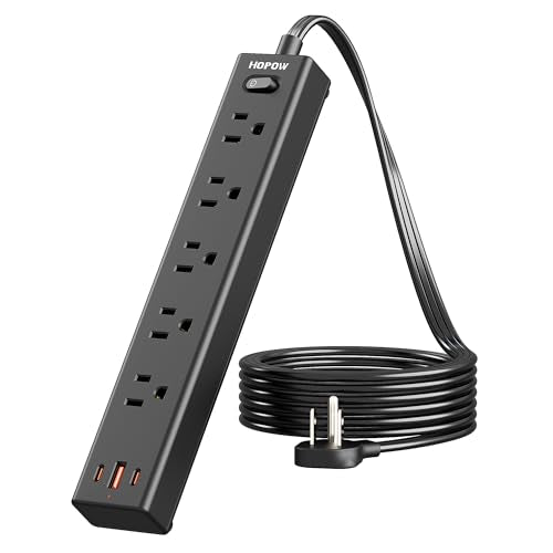 5FT Surge Protector Power Strip, 1700J, 5AC&1A2C, Flat Plug Extension Cord - color: Black, size: 5 Ft-1 Pack(3 prong plug)