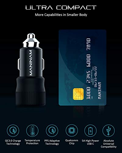 MANINAM All-Metal 73W Super Fast USB-C Car Charger M113 – PPS PD 3.0 Dual-Port Fast Charger 55W+18W for Samsung S24 S23 S22 Note 10 Plus iPhone 15 14 MacBook Laptop – No Cable, US Brand Warranty