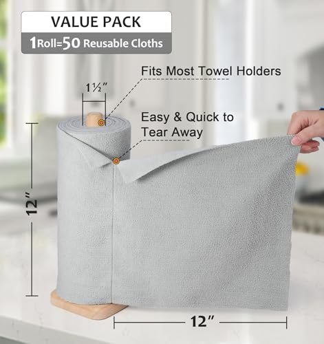 UPSTAR Microfiber Cleaning Cloth, Reusable Paper Towels Rolls, 50 Packs 12x12 inch Cleaning Rags for Washing Dishes, Kitchen, Bathroom, Car, Grey - color: Grey