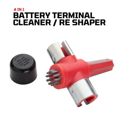 EZRED 4-Way Battery Terminal Cleaning Automotive Maintenance Tool, Clean Out Terminal Clamps, Clean and Reshape Posts, Brush Away Corrosion