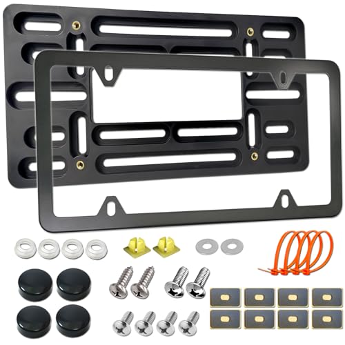 Aootf Front License Plate Mounting Kit- License Plate Bracket & Black Aluminum Car Tag Holder Cover Fit No Drilling Hole Front Bumper, Universal Adapter for US Vehicle Trailer Truck, with Screws Caps - color: Black Aluminum Frame