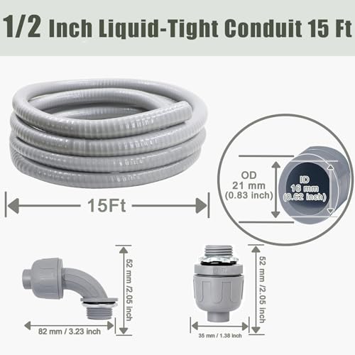 Liquid-Tight Conduit and Connector Kit - 1/2 Inch 15 FT Non Metallic Liquid Tight Electrical Conduit with 2 Straight and 2 Angle Fittings - size: 1/2inch 15 Ft