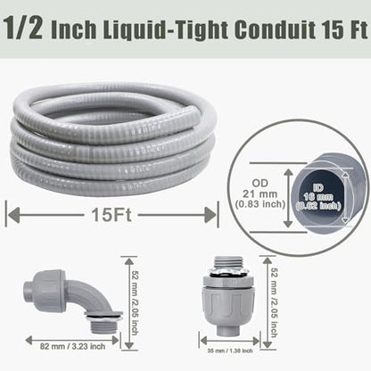 Liquid-Tight Conduit and Connector Kit - 1/2 Inch 15 FT Non Metallic Liquid Tight Electrical Conduit with 2 Straight and 2 Angle Fittings - size: 1/2inch 15 Ft