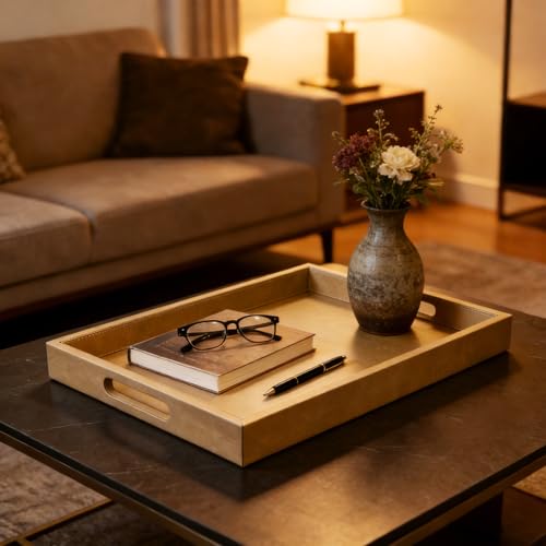 25x18 inches Leather Ottoman Serving Tray with Hole Handles, Rectangle Large Modern Service Tray for Living Room, Coffee Table, Bed, Tea, Food, Butler Countertop, Kitchen, Dinner, Picnic (Brown) - color: Brown, size: 25" x 18" x 2"