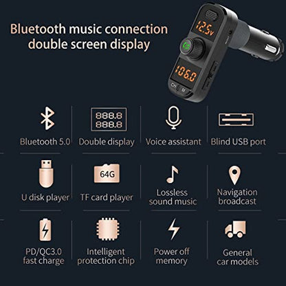 Bluetooth 5.0 Car Change Radio Receiver with 2 Stronger Microphones, 41W PD QC 3.0 USB Car Charger, Aux in/Out Wireless Audio Music Adapter, with Hands Free Calls and Voice Assistant