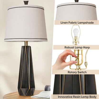 27" Black Gold Rim Resin Table Lamp, Modern Desk Lamps, 3 Color Temperature - color: Black with Gold Rim