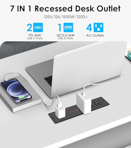 45W USB C Recessed Power Strip, Ultra Thin Flat Plug Recessed Outlet, 4 AC Outlets & 3 USB Port, Flush Mount for Conference Rooms, Office Tables, Furniture-10FT Cord - size: 10FT, style: 45W-2C1A-Black