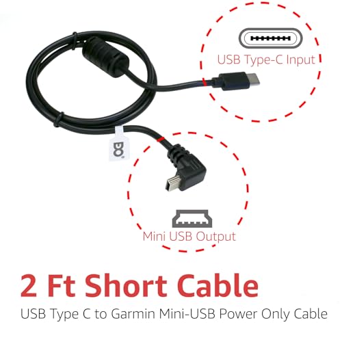EDOTech USB-C to Mini USB Car Charger Power Cord for Garmin Nuvi Drive DriveSmart DriveAssist DriveTrack RV Auto Handheld Navigation GPS (2 Ft) - size: 2 Ft