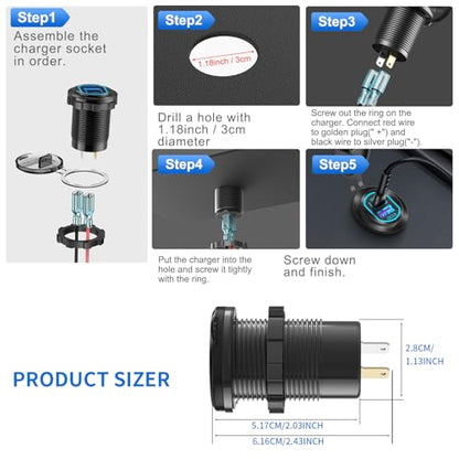 12 Volt USB C Outlet PD 100W Car USB Port for Laptop and QC3.0 18W Car Charger Socket Aluminum Alloy, Fast Charging Cigarette Lighter Replacement DIY Accessary for RV MarineTruck Boat Golf