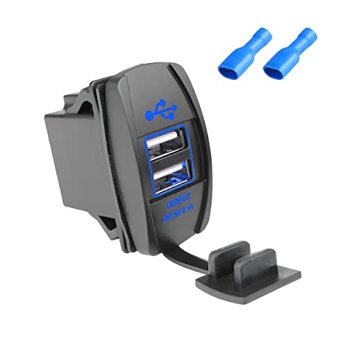 Dual USB Car Charger Rocker Style Switch, Waterproof 12-24V 3.1A 2 USB Ports, Power Charge Socket with LED Light, Vehicle Outlet Replacement for Marine, Boat, Truck, Golf Cart, RV (Blue) - color: Blue