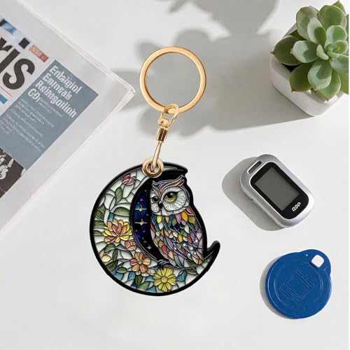Owl Leather Keychain Case Holder,GPS Tacker With Keychain Ring,Stained Glass Style Access Card Scratch-Resistant,Finders Accessories For Pets, Luggage, Wallet, Backpacks - color: Owl