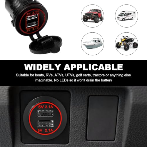 4.2A Dual USB Charger Socket, Waterproof Power Outlet 12V/24V 2.1A & 2.1A Quick Charge Socket, USB Charger Socket with Cap for Car Golf Cart Mobile RV ATV Truck Marine Boat (Red) - color: Red