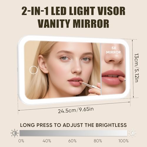 Rechargeable LED Car Sun Visor Vanity Mirror with Straps,3 Light Modes & 5X HD Magnifying Makeup Mirror for Women & Girls, Universal Auto Interior Accessory Fits Car Truck SUV（White）