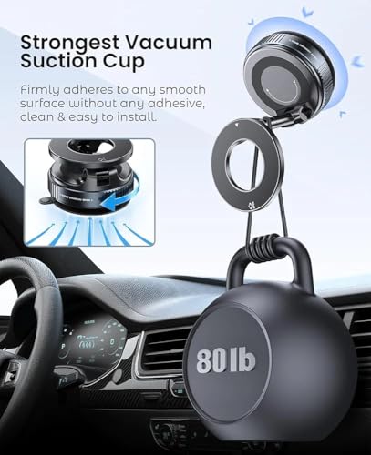 Magnetic Car Phone Holder Vacuum Adsorption Suitable for iPhone and Android Phones 360° Adjustable Suction Cup Bracket for Automobiles[98+LBS Strongest Suction & 2800gf Magnetic]