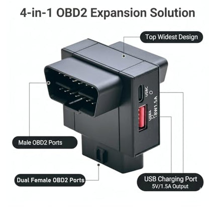 iKKEGOL OBD2 Splitter Adapter, OBD II 16 Pin 1 Male to 2 Female Extension Cable with USB & USB-C Charging Ports, OBD2 Y Splitter 2 Way Dual Converter for Diagnostic Scanner Dash Cam (Top Widest) - color: Top Widest