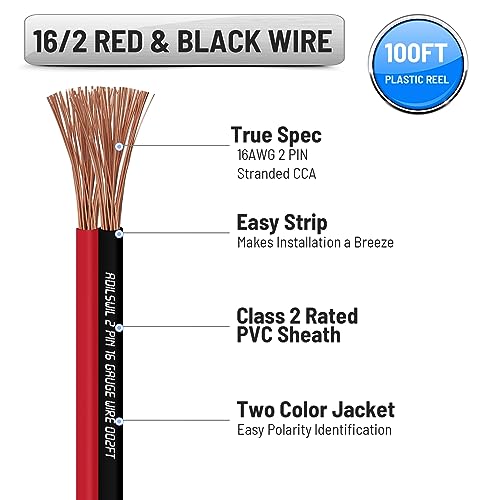 16AWG 50FT Speaker Wire, 2 Conductors Electrical Red Black Cable Hookup LED Lighting Strips Flexible Wire Extension Cord 16 Gauge Copper Clad Aluminum Copper Wire 12V/24V DC Cable - size: 16AWG 50FT CCA