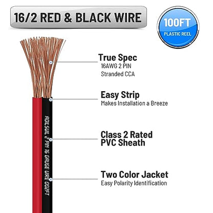 16AWG 50FT Speaker Wire, 2 Conductors Electrical Red Black Cable Hookup LED Lighting Strips Flexible Wire Extension Cord 16 Gauge Copper Clad Aluminum Copper Wire 12V/24V DC Cable - size: 16AWG 50FT CCA