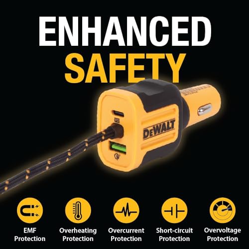 DEWALT Heavy Duty 72W 5 Port USB Car Charger Multiport w/ 6FT Cable