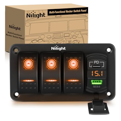 Nilight 3 Gang Rocker Switch Panel with PD Type C and USB Charger Voltmeter - color: Amber, size: 4 Gang Type C +USB