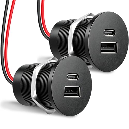 12V USB Outlet Wired USBC Charger Mini Size, All Aluminum PD3.0 Type C 30W and QC 3.0 Type A 18W Car Dual Port Socket Fast Charging Station,Cigarette Lighter Replacement for Car Internal (2 PACK) - color: 2 PACK