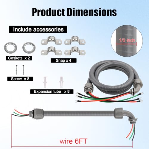 1/2Inch Power Whips Assembly, 6FT Nonmetallic Liquid Tight Flexible Conduit Wire with 3 Conductors 10 Gauge THHN Electrical Wires, A/C Hook-up Whip Kit Electrical Wire(6FTx1/2Inch) - color: Teminal, size: 6 ft