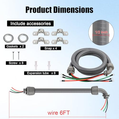 1/2Inch Power Whips Assembly, 6FT Nonmetallic Liquid Tight Flexible Conduit Wire with 3 Conductors 10 Gauge THHN Electrical Wires, A/C Hook-up Whip Kit Electrical Wire(6FTx1/2Inch) - color: Teminal, size: 6 ft