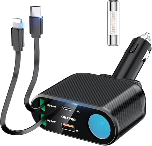OHLPRO Retractable Car Charger Cigarette Lighter Adapter, 168W 5 in 1 Fast Phone Charging Built-in Replaceable Fuse, Socket Splitter with USB C and USB i Cord, Fit for Phone iPad Galaxy GPS, Black - size: USB-C+USB-i