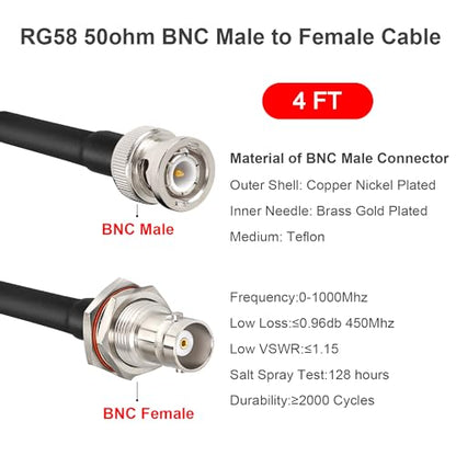 MOOKEERF BNC Cable - 2PCS 50 ohm RG58 BNC Male to Female Coax Cable Bulkhead 4FT Low Loss Antenna Extension Cable for CB Radio/VHF Ham Radio/Wireless Microphone/Antenna/CCTV/Amateur Radio etc. - size: 4FT