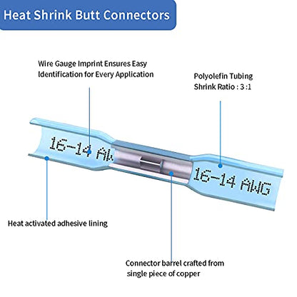 1000 Pcs Heat Shrink Butt Connectors, 16-14 AWG Waterproof Electrical Crimp Wire Splice for Marine, Cable, Wiring - size: 16-14 AWG (Blue)