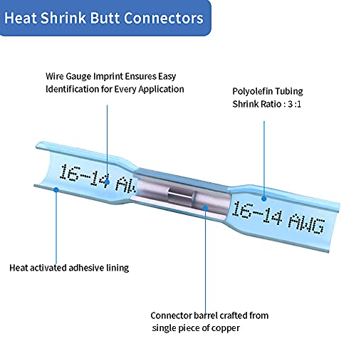200 Pcs Blue Heat Shrink Butt Connectors, 16-14 AWG Waterproof Electrical Crimp Terminal Splice Wire Connectors for Marine, Automotive, Cable, Wiring - size: 200Pcs 16-14 AWG