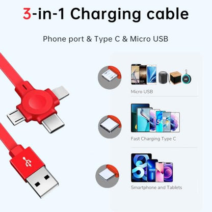 3Pack for USB A to USB C/Micro USB/Lightning Cables, 3 in 1 Retractable