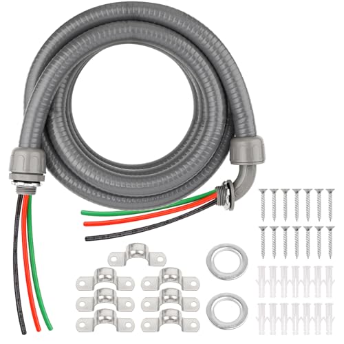 12FT Liquid-Tight Conduit Kit, 1/2" Pre-Wired Electrical Whip with 3×10AWG THHN Copper Wires, Bare Wire Ends, 90° & Straight Connectors, Outdoor HVAC A/C Wiring - color: Without Terminals, size: 12 ft