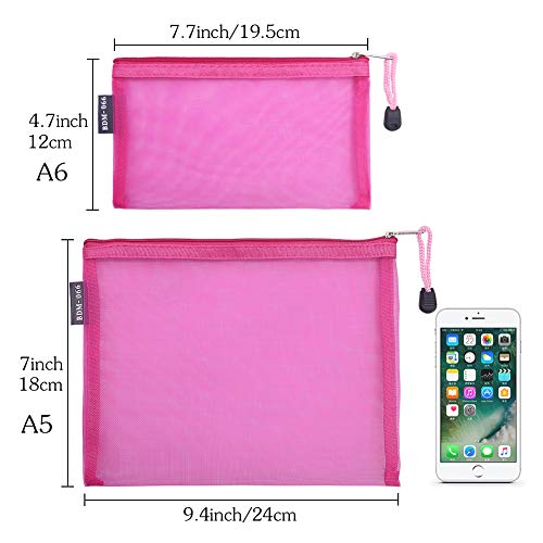 HRX Package 6pcs Mesh Makeup Bags for Travel, 2 Sizes A5 A6 (Hot Pink) - color: Hot Pink, size: A5, A6