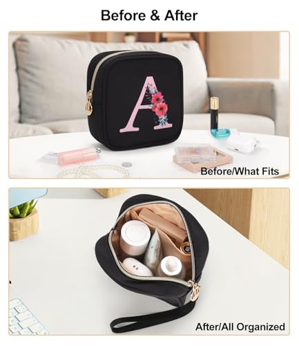 Relavel Initial Mini Makeup Bag for Girls, Small Makeup Bag for Purse with Zipper ＆ Removable Handle, Portable Makeup Pouch Lipstick Skincare Bag, Small Gift Cosmetic Bags for Women Girls(Black M) - size: A-Small, style: M