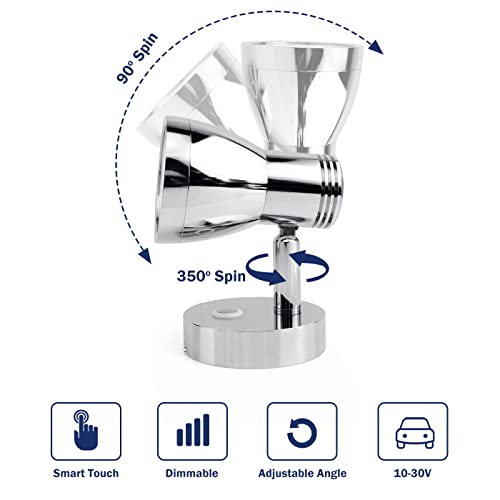 THALASSA 3W RV Stepless Dimmable Reading Light for Boat 12V Interior Lights Camper Caravan Vehicle Motorhome Bedside Lamp DC 10-30V Warm White, Polished Chrome, with Built-in Touch Switch - color: Polished Finish without USB
