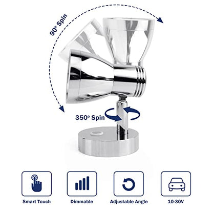 THALASSA 3W RV Stepless Dimmable Reading Light for Boat 12V Interior Lights Camper Caravan Vehicle Motorhome Bedside Lamp DC 10-30V Warm White, Polished Chrome, with Built-in Touch Switch - color: Polished Finish without USB