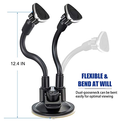Dual Magnetic Car Phone Mount, Gooseneck Car Phone Holder for Truck Windshield & Dashboard with 3M/Stabilizer, Dual Long Arm Phone Mount Compatible with iPhone Galaxy All Smart Cell Phones