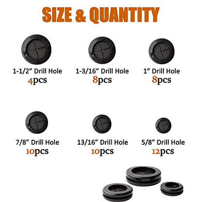 ISPINNER 52pcs 6 Sizes Rubber Grommet, Double Sided Round Rubber Hole Plug, Drill Hole 5/8" 13/16" 7/8" 1" 1-3/16" 1-1/2" (Black) - color: Black