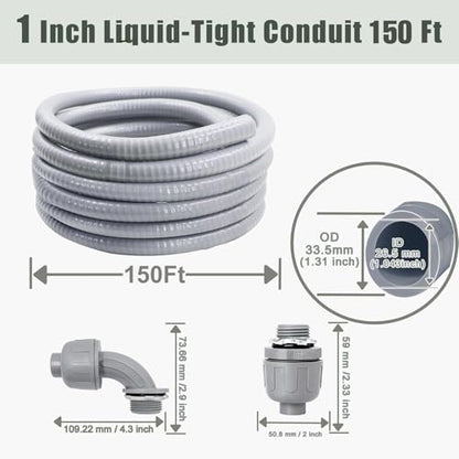 1 Inch 150 FT Non Metallic Liquid-Tight Conduit and Connector Kit - Includes 5 Straight and 4 Angle Fittings for Electrical Wiring - size: 1inch 150 Ft