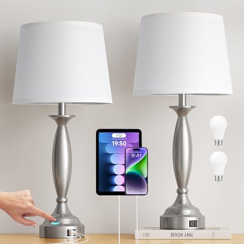 Bedroom Lamps for Nightstand, 3 Way Dimmable Silver Bedside Lamps with USB - color: B. White Shade & Nickel Base, size: Large（25.5 In）