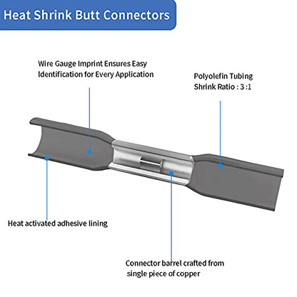 100 Pcs Black Heat Shrink Butt Connectors, 14-12 AWG Marine Grade Heat Shrink Wire Connectors, Tinned Copper, Waterproof Insulated Crimp Butt Splice Automotive Electrical Connectors - size: 100Pcs 14-12 AWG
