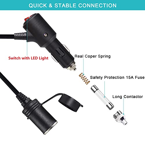 15FT Cigarette Lighter Extension Cord with On Off Switch - Car Cigarette Lighter Male Plug to Female Socket 18AWG Heavy Duty Extension Cable with Switch, Built-in 15A Fuse for Air Compressor Pump